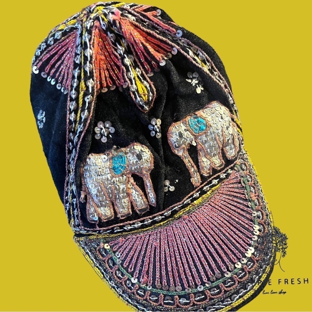 Embroidered Elephant Black Cap